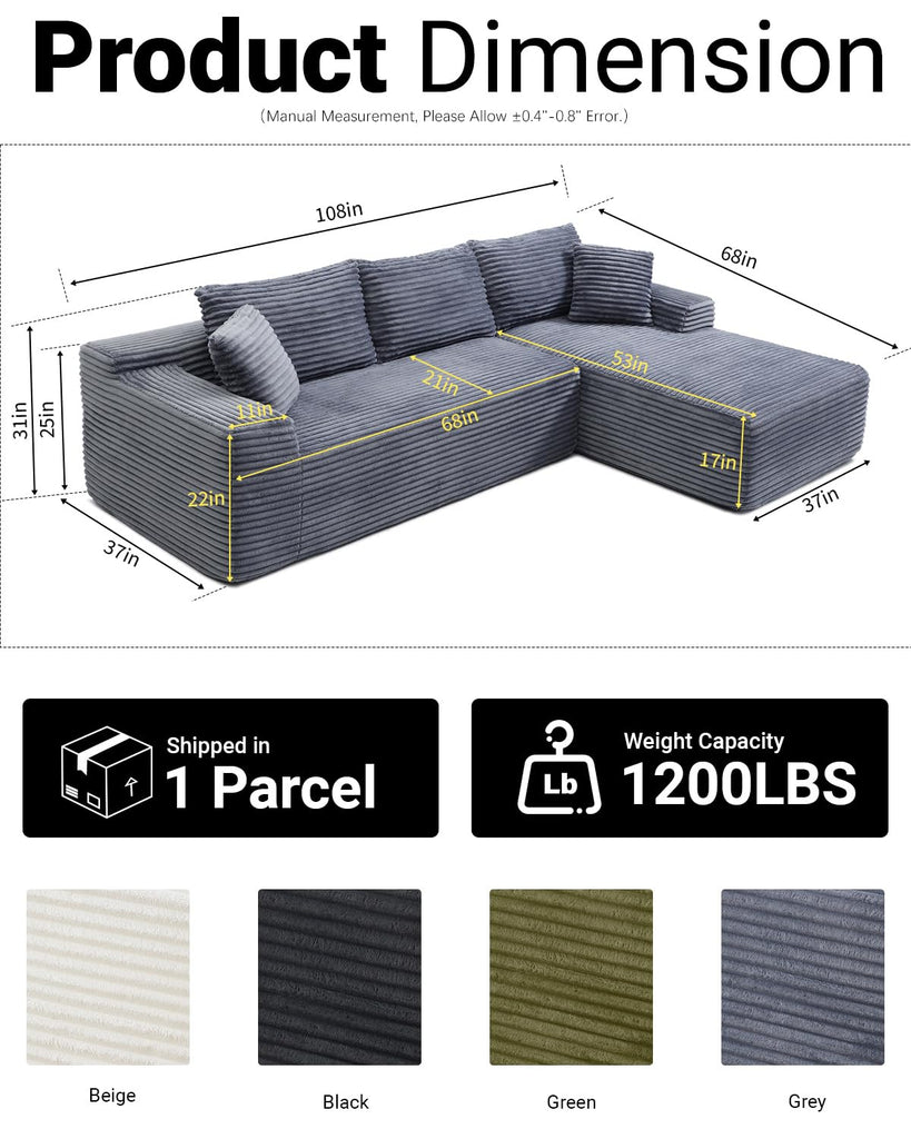 108" Cloud Boneless Couch, L-Shaped Sectional Sofa, Grey