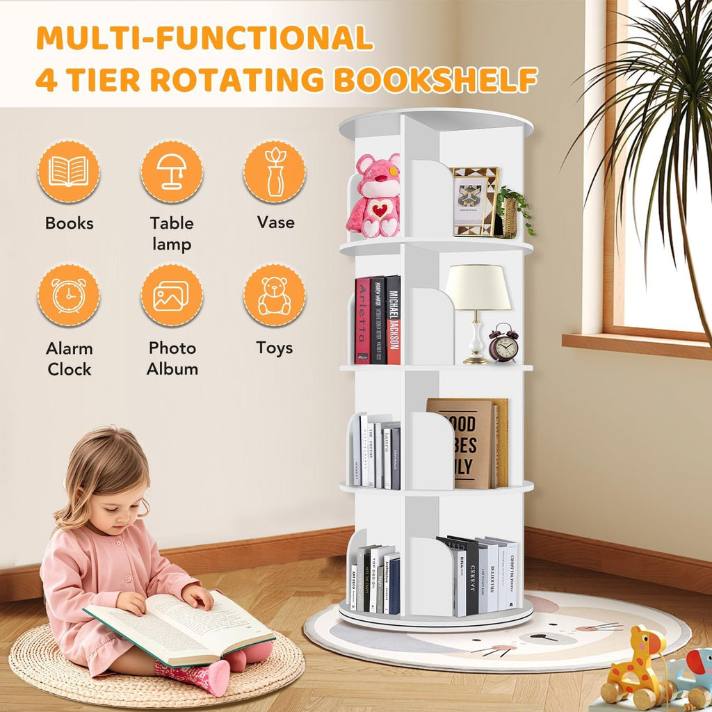 4 Tier Rotating Bookshelf Tower, Spinning Bookshelf, Revolving 360° Bookcase Storage Round Carousel
