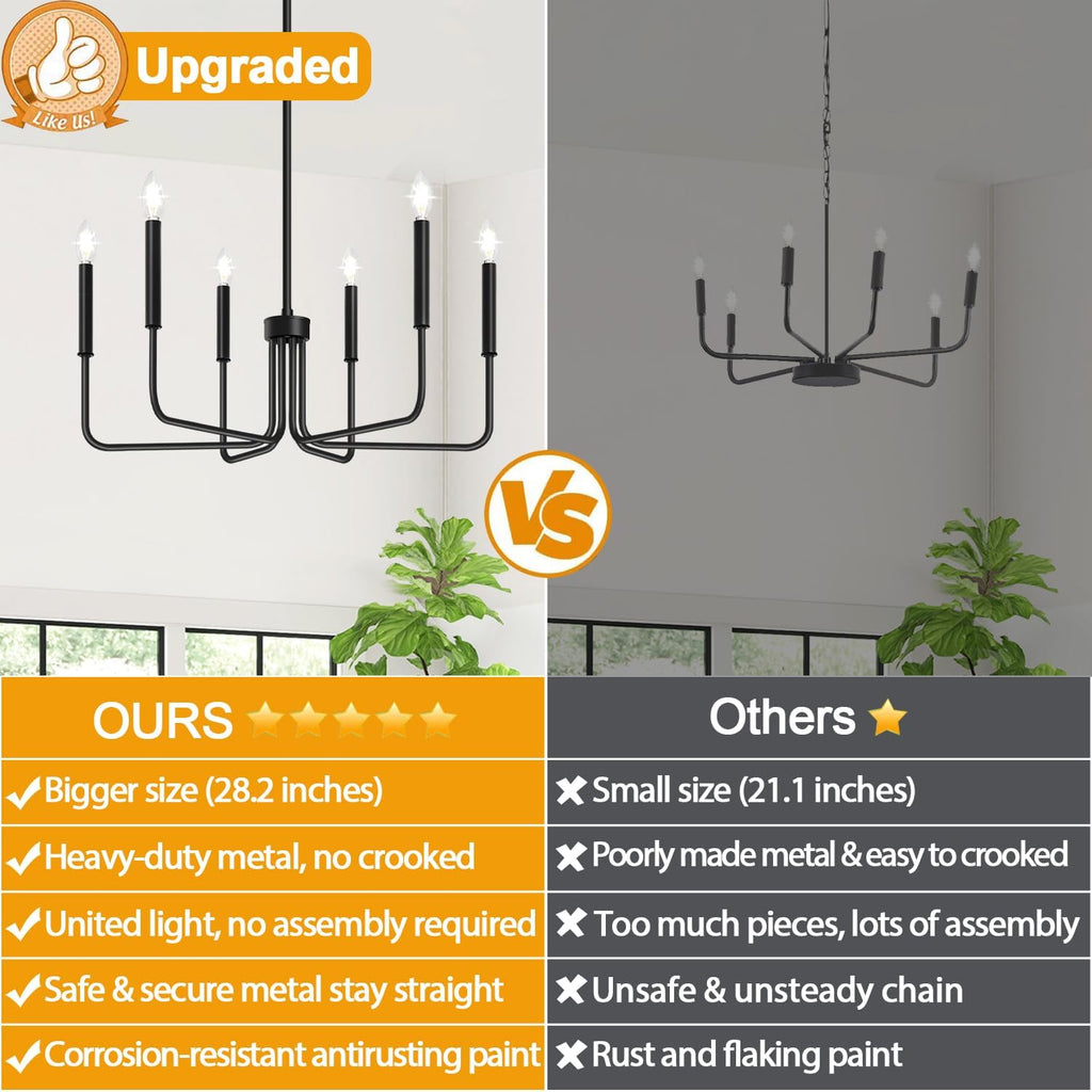 Black Chandelier, 6-Light Farmhouse Chandelier for Dining Room Lighting Fixtures Hanging