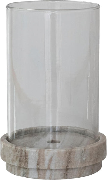 Round Marble Taper/Pillar Candle Holder with Glass Hurricane, Beige Finish