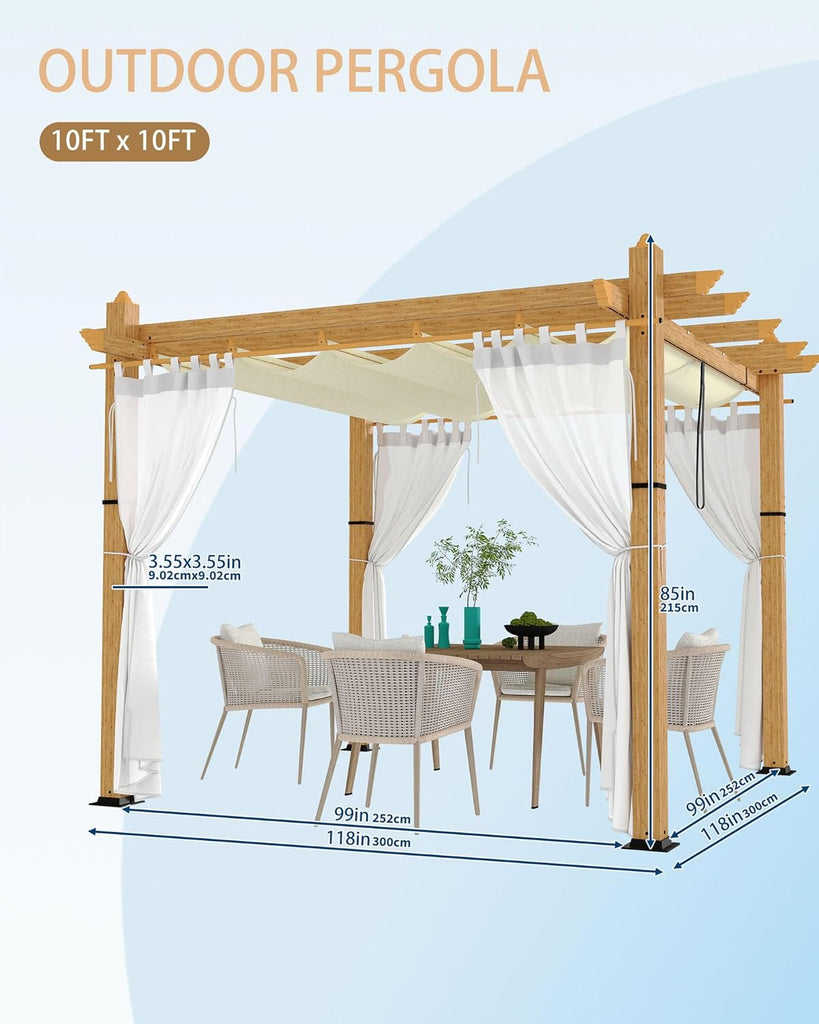 10x10 Ft Outdoor Pergola with Retractable Canopy Metal Gazebo Imitation Wood-Grain Column with Side Mesh Screen