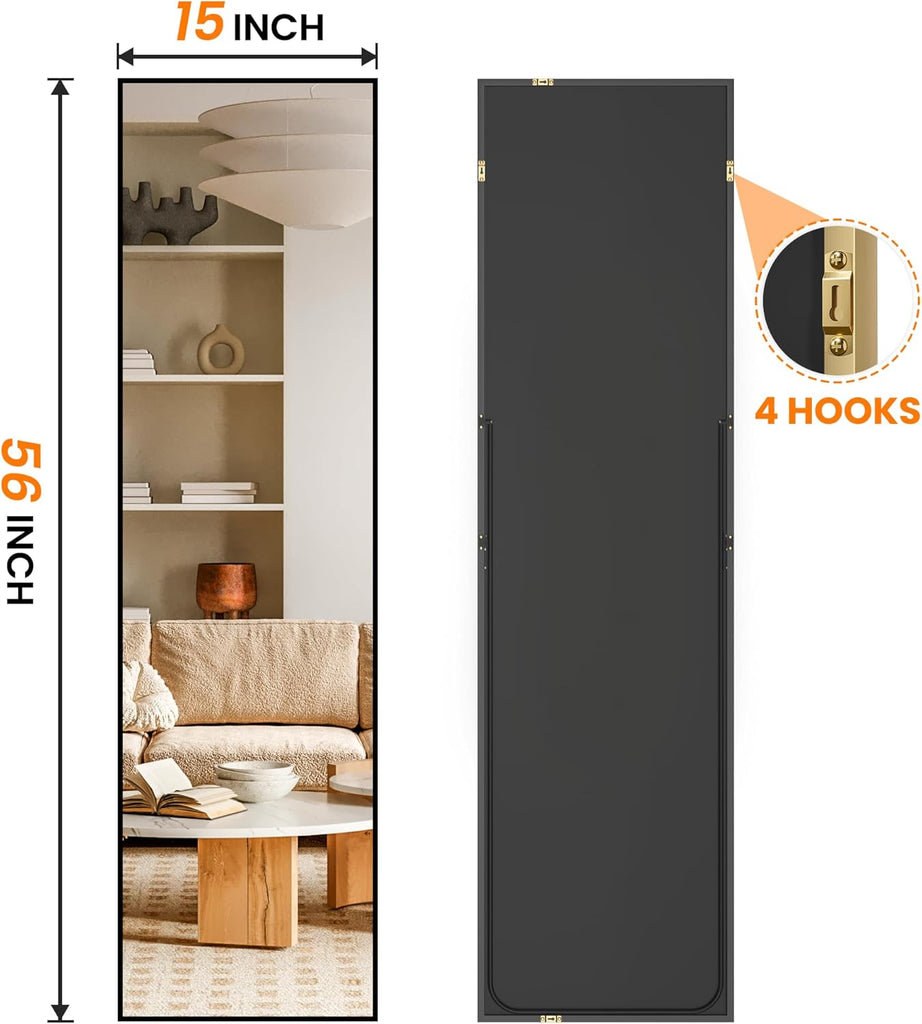 Full Length Floor Mirror 56"x15", Standing Mirror with Aluminum Frame, Large Body Mirror , Black
