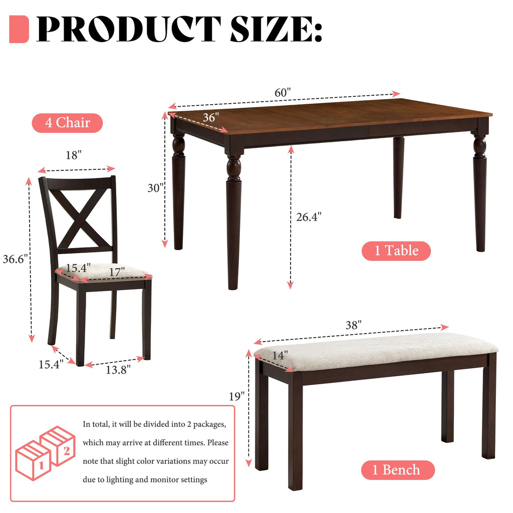 6 Piece Farmhouse Dining Set with 60" Solid Wood Table, Brown