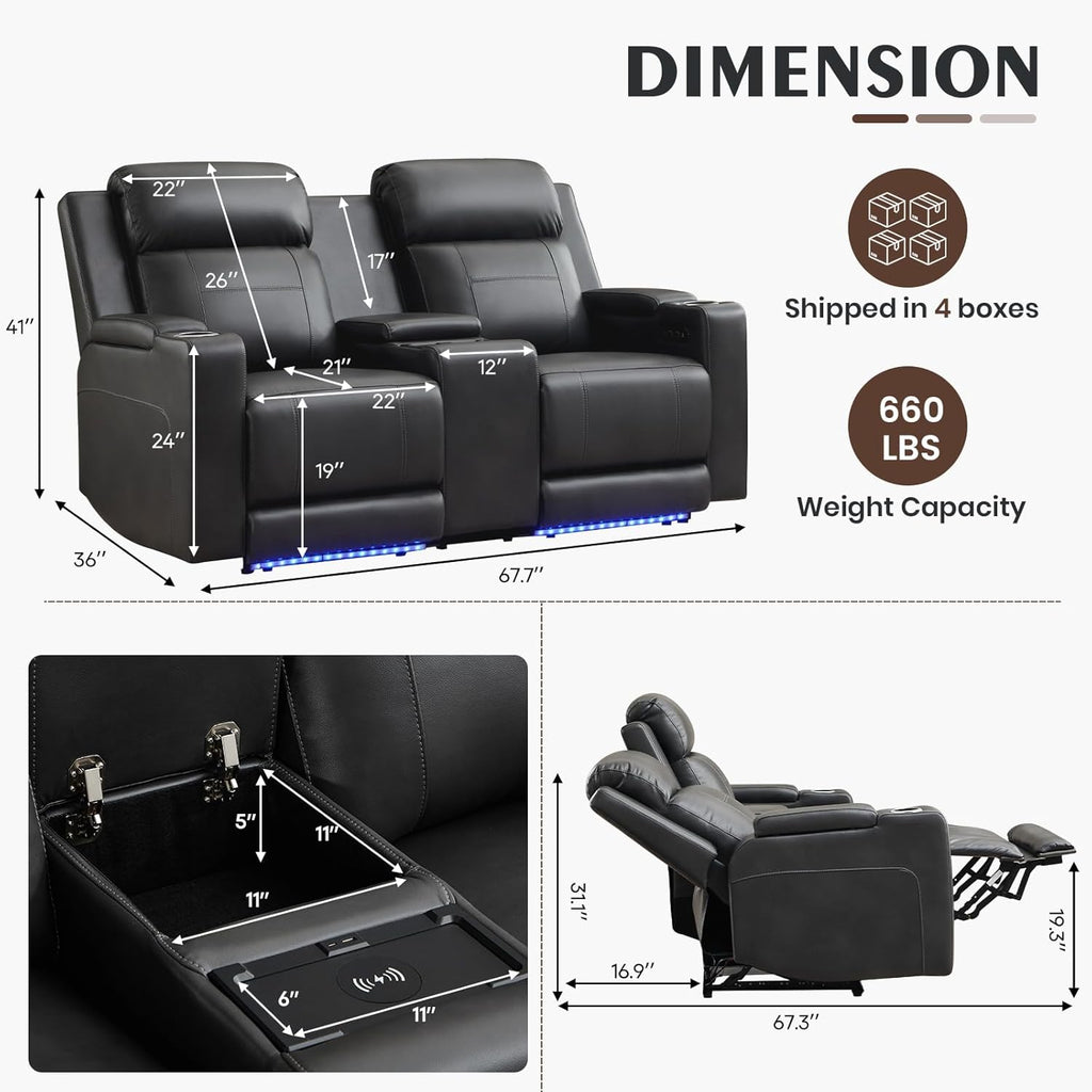 Power Reclining Loveseat with Adjustable Headrest, Home Theater Seating with LED Light/Armrest Storage