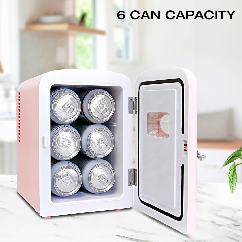 Mini Fridge - 6 Can Refrigerator for Bedroom Office, Portable Table Top Beverage Cooler, 12V 110V Refrigerador For