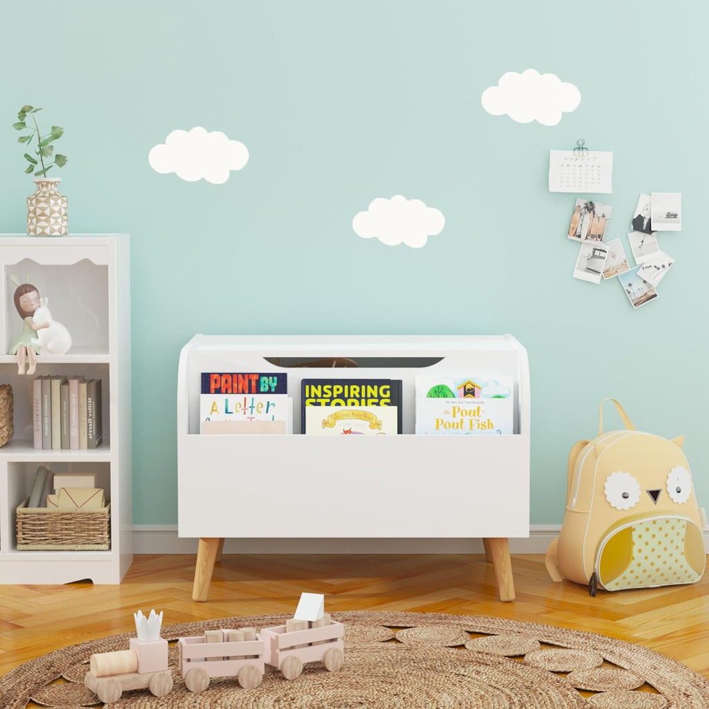 Large Toy Box Storage with 4 Wood Legs, Kids Toy Organizer with Front Bookshelf, Flip-Top Lid, Safety Hinge, Wooden