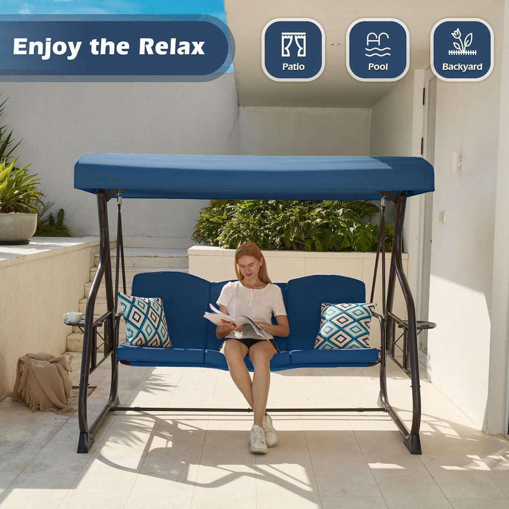 3-Seat Patio Porch Swing 800LBS Outdoor Swing with Stand w/Canopy & Adjustable Backrest Patio Glider Chair
