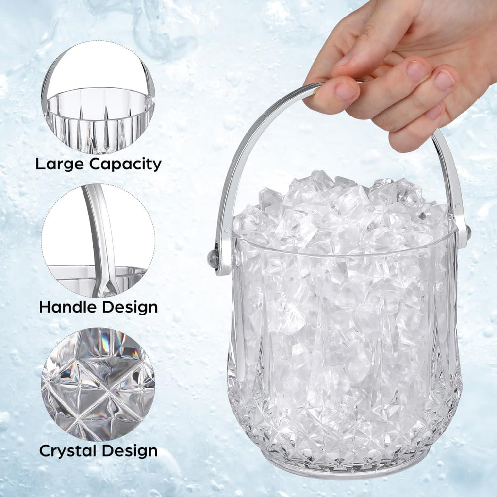 Small Plastic Ice Bucket with Tongs and Handle Clear Portable Ice Cube Bucket 5.11 Height for Wine Beer Beverage