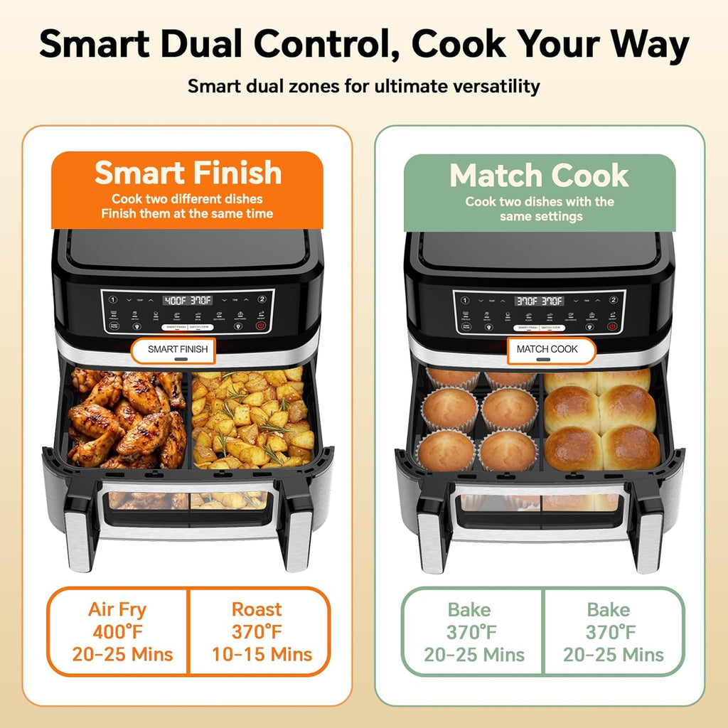 1600W Dual Zone Air Fryer Oven,12.69QT with Divider,Nonstick & Dishwasher-Safe Basket,Match Cook & Smart Finish to