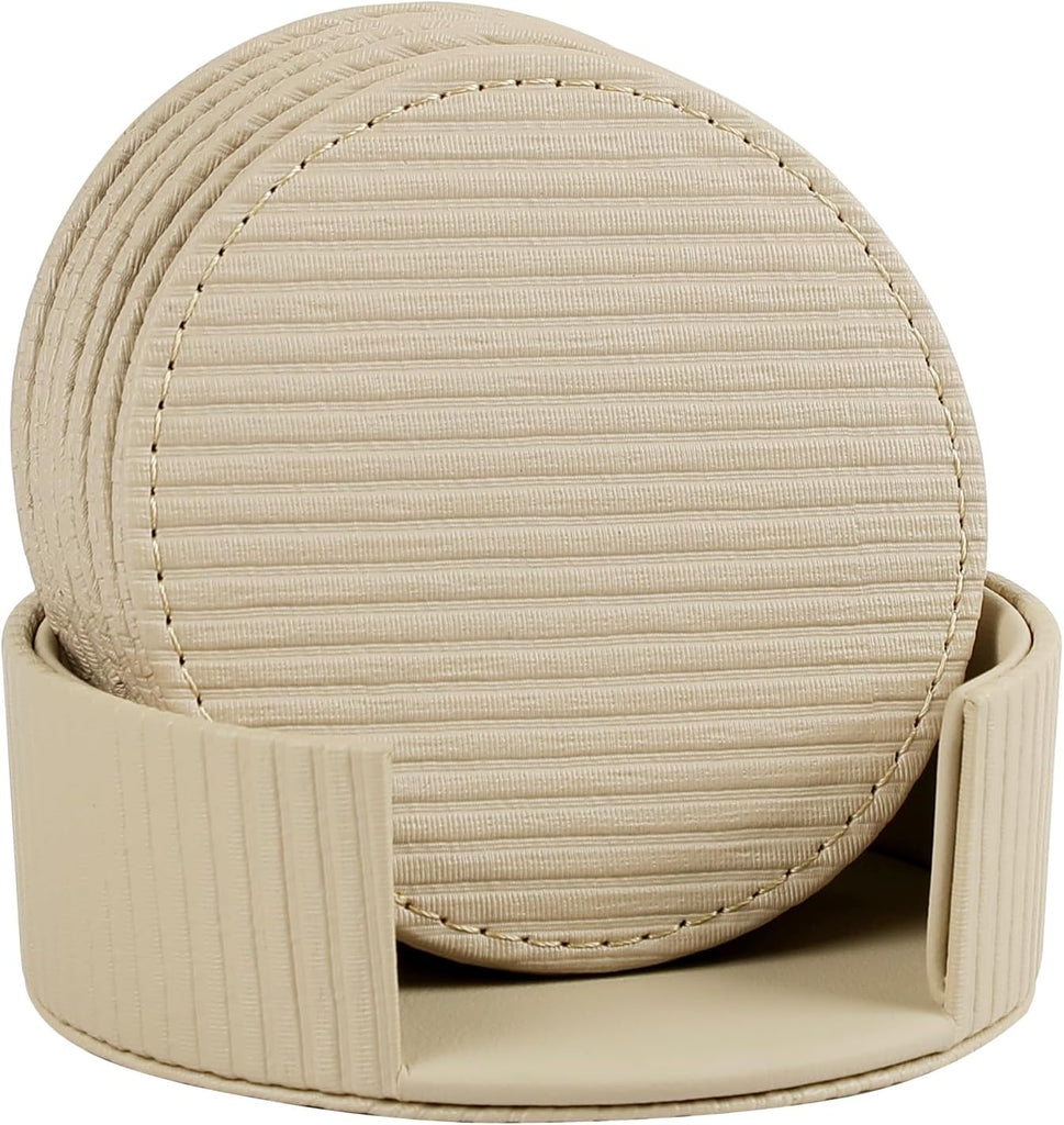 Leather Coasters with Holder, Tabletop Protection, Coffee Table & Bar Decoration, Modern-Style Drink - Set of 6