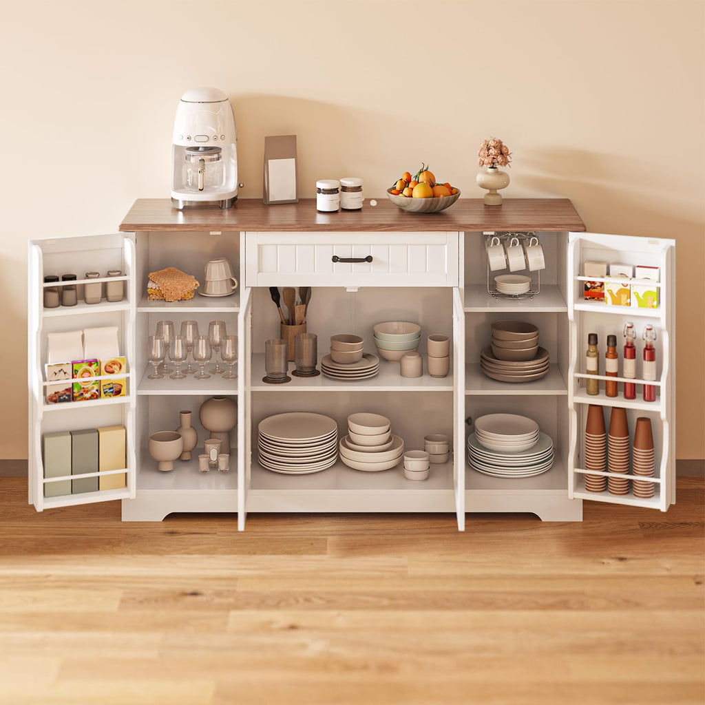 56" Kitchen Coffee Bar Cabinet with Storage, White and Rustic