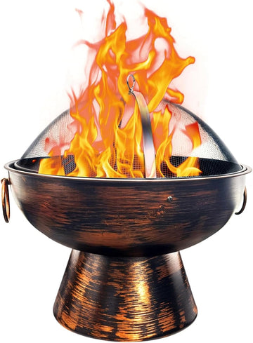 22 in Round Outdoor Fire Pit - Wood Burning With Mesh Lid and Fire Picker - Durable Alloy Steel for Outside