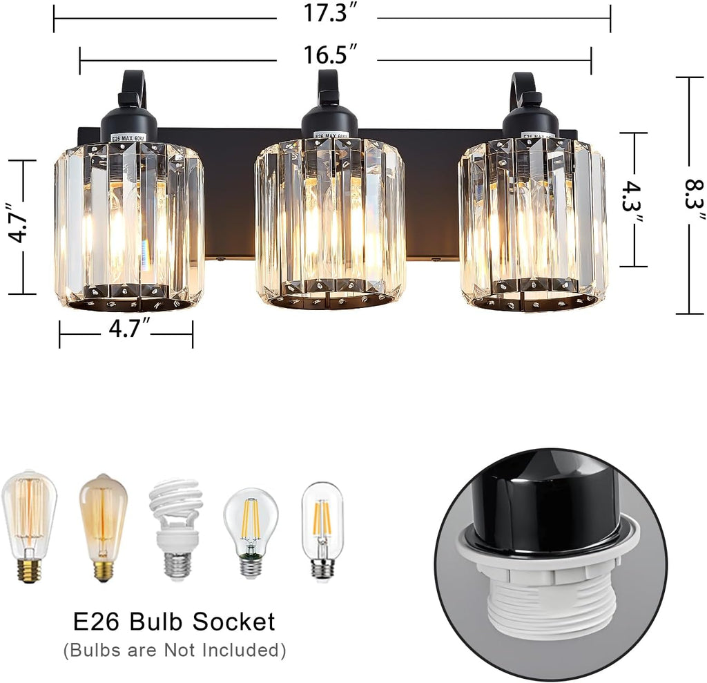 Modern 3-Lights Black Bathroom Vanity Light, Crystal Bathroom Lights Over Mirror, Modern Wall Lighting Fixtures with