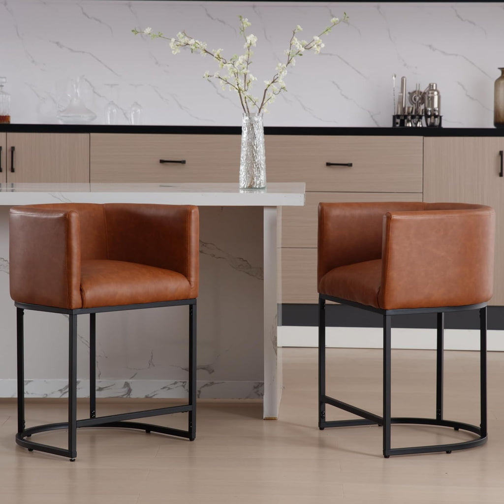 PU Leather Bar Stools Set of 3, Modern Upholstered Counter Height Bar stools 24" Leather Barstools Barrel
