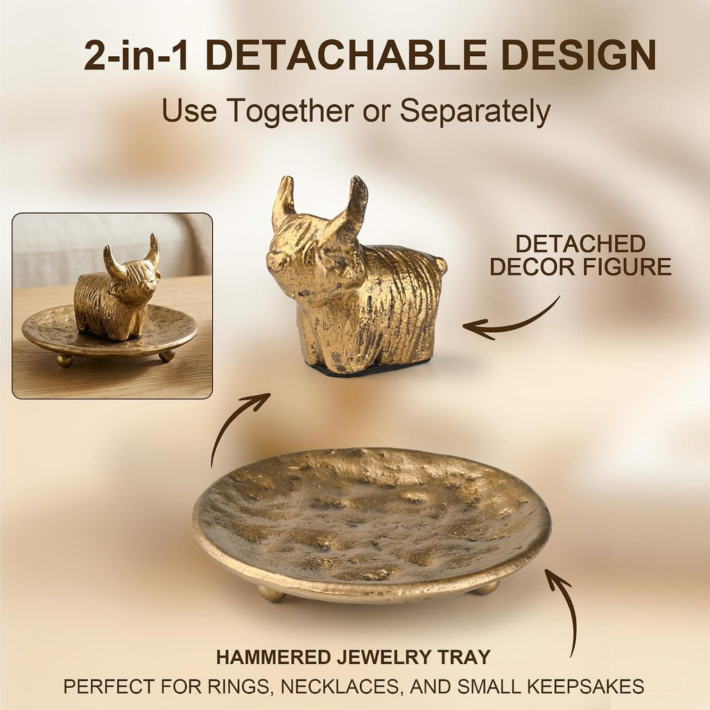 Highland Cow Jewelry Dish, Vintage Brass Cast Iron Trinket Tray for Rings, Earrings, and Keys, Decorative Ring Holder