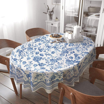 Oval Tablecloth - 60 x 84 Inch Blue Floral Rustic Tablecloth Classic French Country Printed Table Cover for Farmhouse