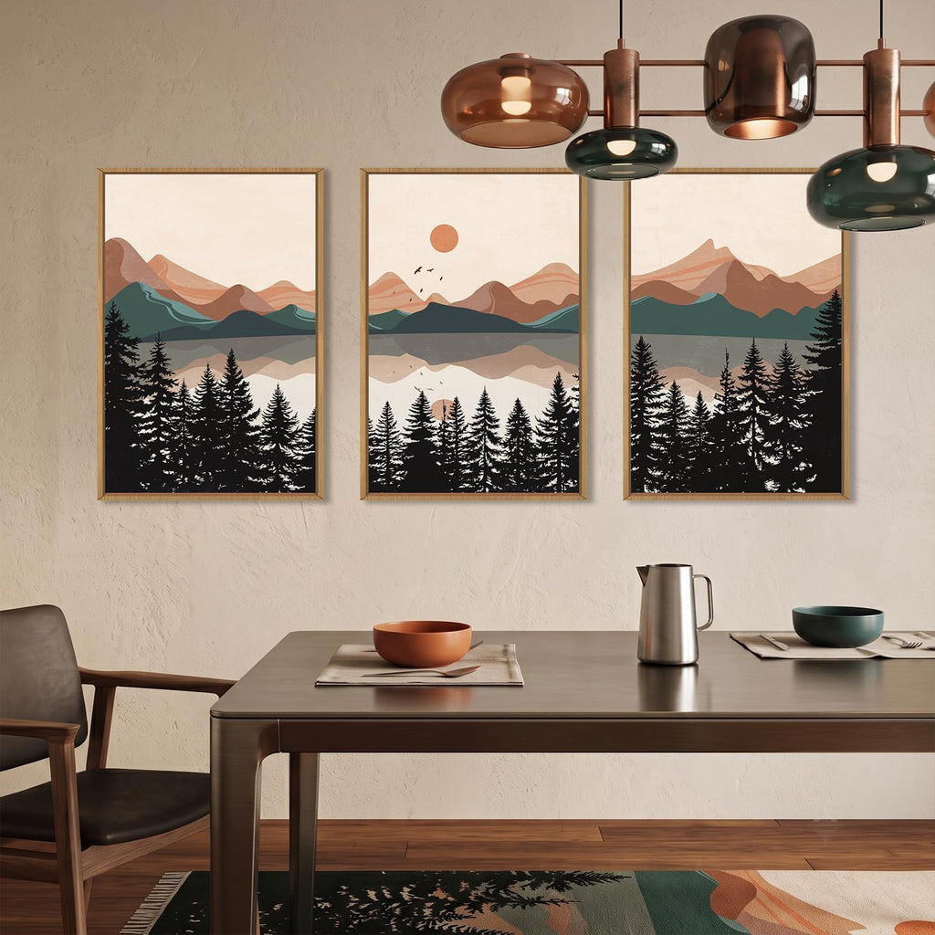 Boho Mountain Sunset Framed Canvas Wall Art Set,Colorful Mid Century Forest Wall Decor,Beige Nature Pine Tree Art - Set of 16