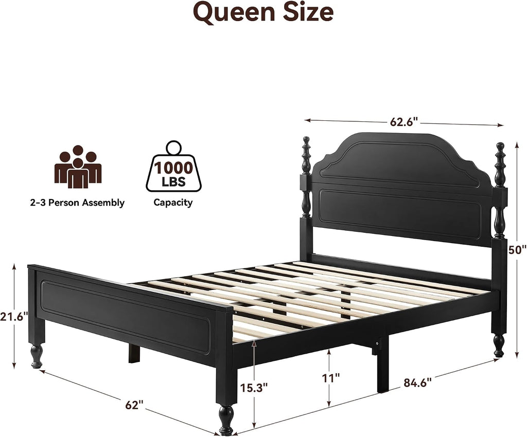 Wood Bed Frame Queen, Wooden Retro Style Queen Bed Frame with Headboard and Footboard, Heavy Duty Bed Frame with 12
