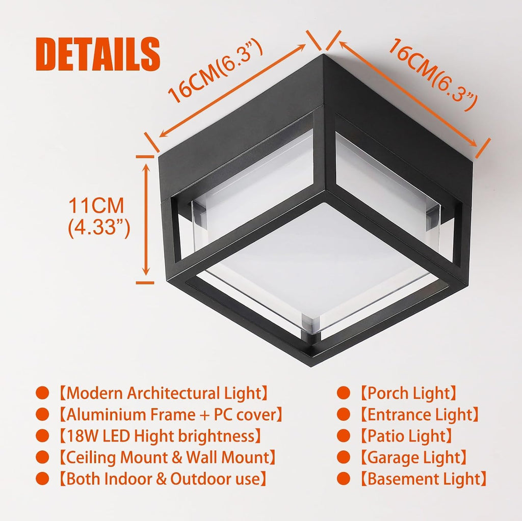 Outdoor Ceiling Porch Light LED Flush Mount for Wall or Ceiling, Square Exterior Wall Lamp for Patio Balcony Terrace