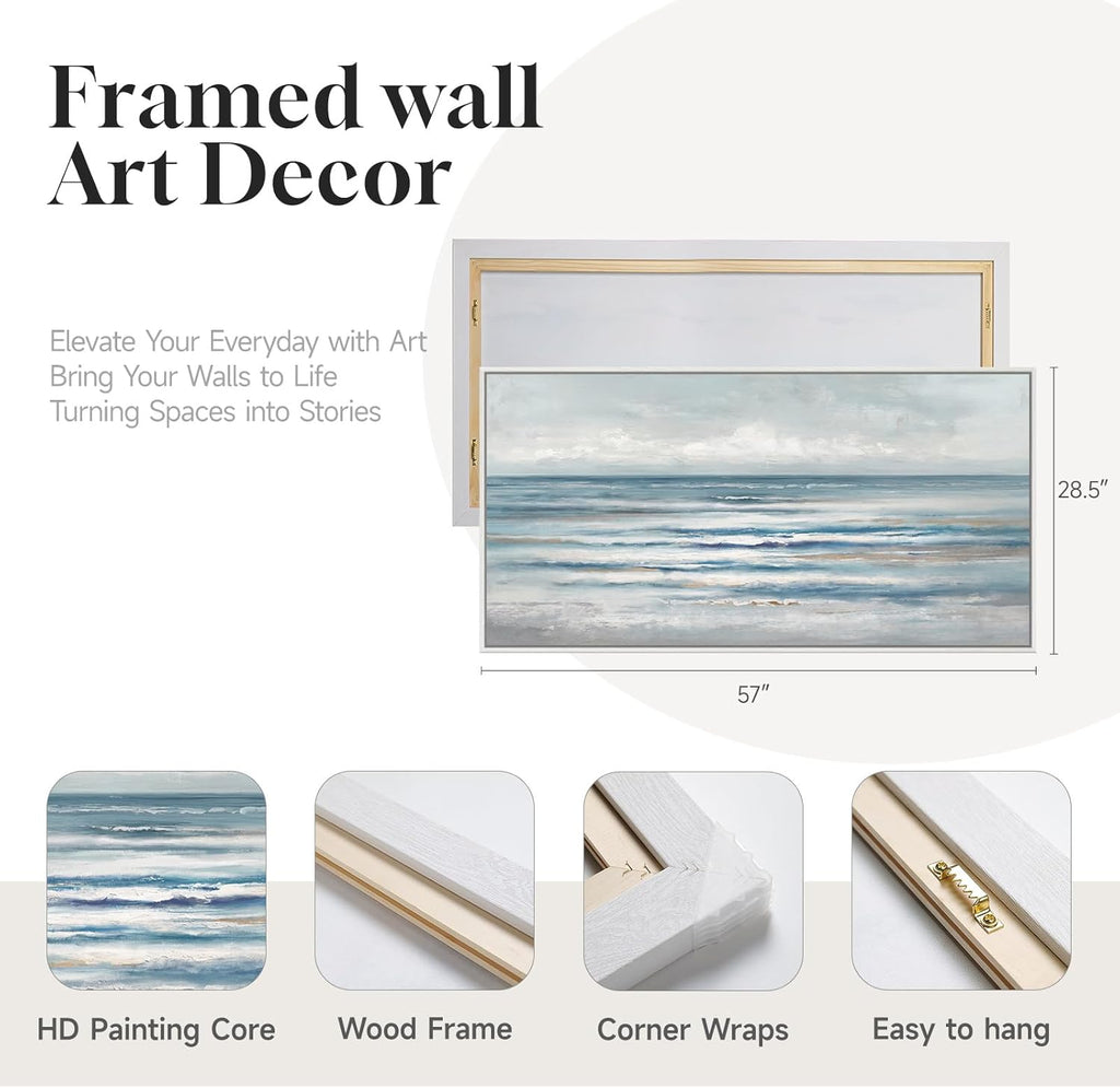 Large Framed Coastal Abstract Landscape Wall Art , Horizontal Beach Wave Scenic Canvas Artwork for Walls, Ocean