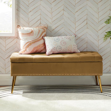 45.5" Luxury Velvet Storage Ottoman Bench with Button Tufted & Nailhead Trim, Upholstered Entryway Benches with Gold