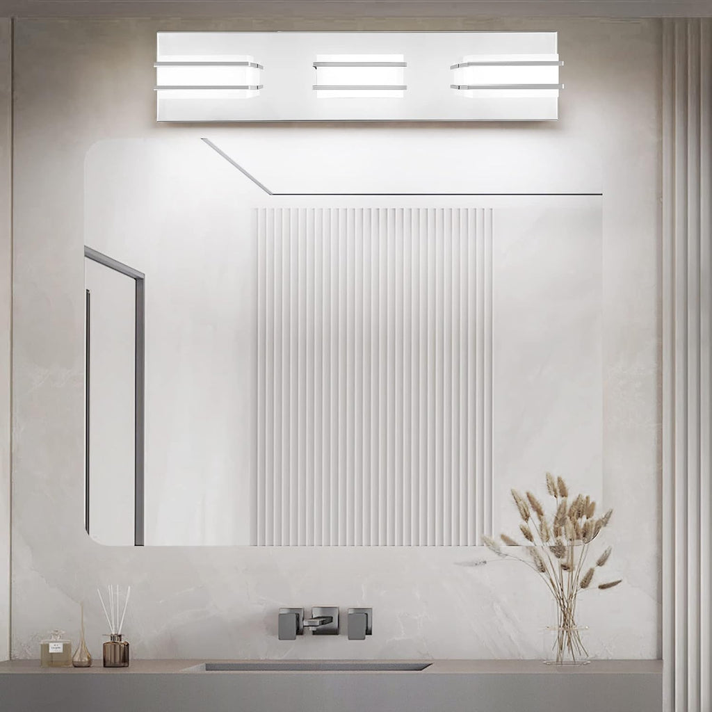 3 Color Temperature Dimmable Bathroom Light Fixtures over Mirror, LED Chrome 3 Light Vanity Lighting Fixtures