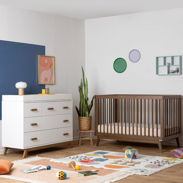 Nursery Furniture Set, Baby Crib and Dresser Combo, Walnut | Soho 3-in-1 Convertible Beechwood Baby Crib Made in