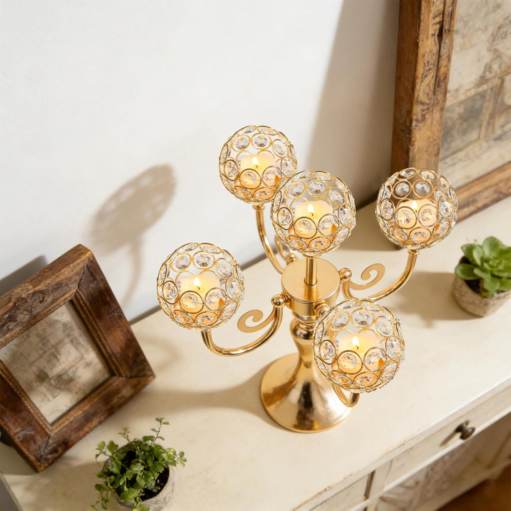 5 Arm Metal Crystal Candelabra Centerpiece - 13.4 Inch Elegant Candle Holder with Crystal Beadsable Decoration (2, Gold)