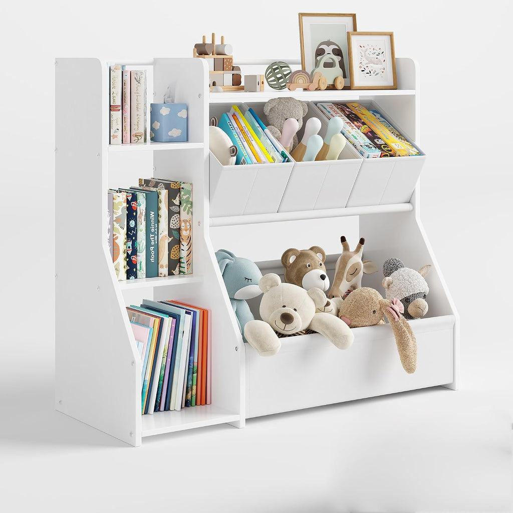 Kids Toy Storage Organizer with Bookshelf | Three-tier bookshelf and spacious toy bin encourage independent reading