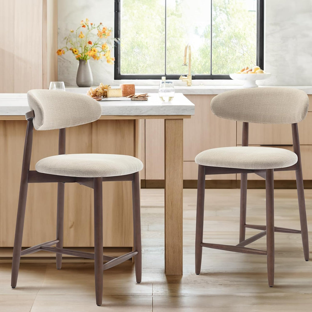 Counter Height Bar Stools Set of 2, Kitchen Bar Stools with Back, Mid Century Modern Upholstered, with Wood Legs
