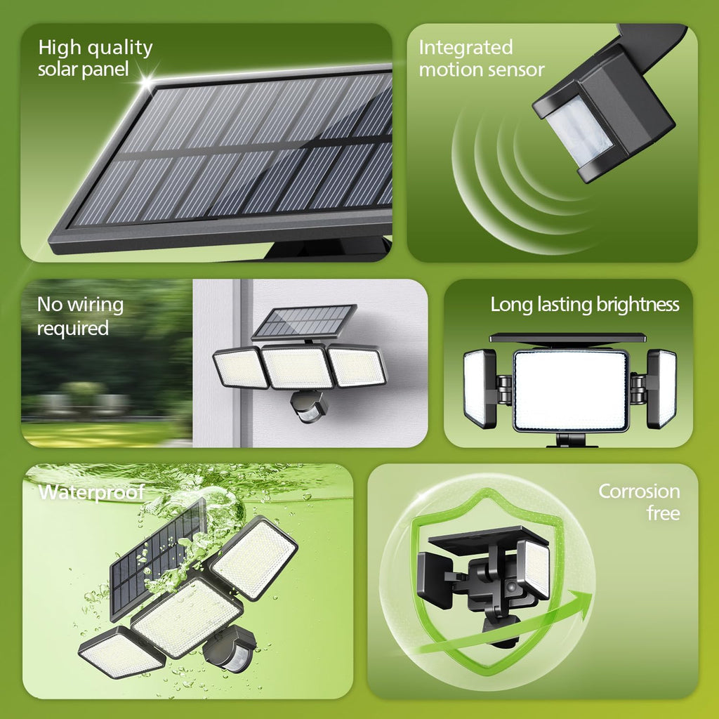 Solar Security Light Outdoor 302 LED 1200lm,Solar-Powered Waterproof Wall-Mounted Flood Light w/PIR Motion Sensor, 3