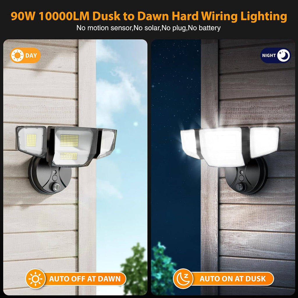 90W Dusk to Dawn Outdoor Lighting,10000lm Flood Lights Outdoor,IP66 Waterproof Black LED Security Light with
