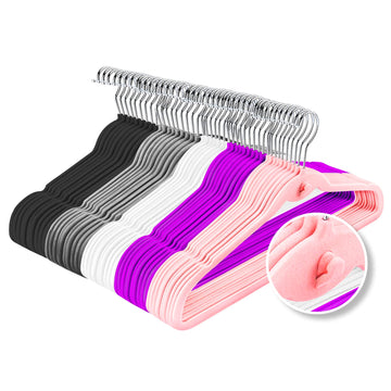 Multi-Color Velvet Hangers 50 Pack with Cascading Hooks, Non-Slip Black, Pink, White, Grey, and Purple Velvet Hangers