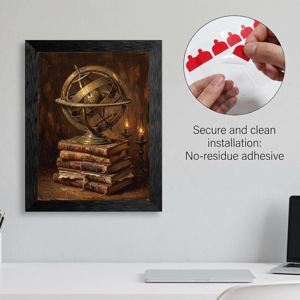 Framed Canvas Wall Art Moody Oil Armillary Sphere and Aged Books Halloween Wall Art Canvas Print Poster Black Frame