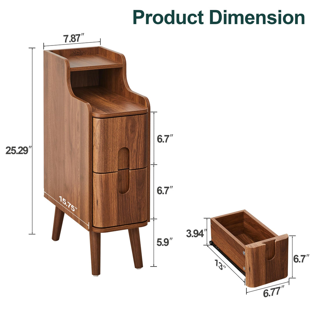 Narrow Nightstand, Wooden 2 Drawer, Walnut