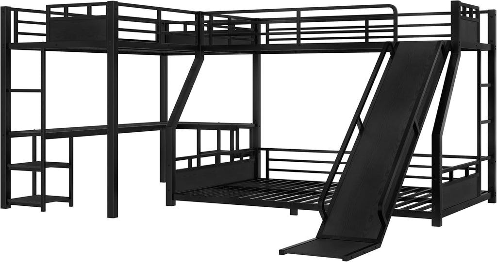 Twin XL Over Queen L Shaped Bunk Bed with Twin Loft Bed, Heavy Duty Metal Triple Bunk Bed with Slide