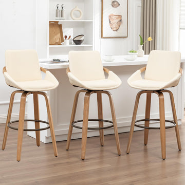 25.2" Swivel Bar Stool with Back Cream White Leather Kitchen Barstool Chair