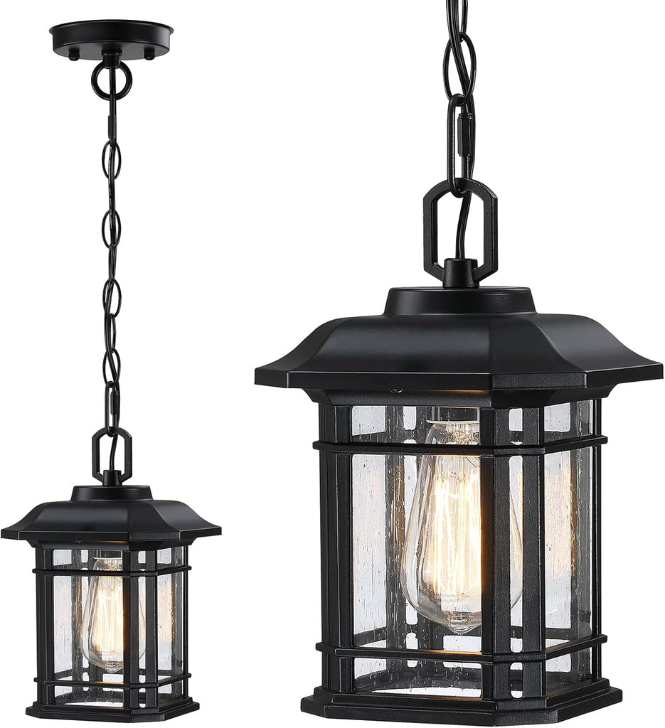 Outdoor Pendant Lights for Porch, Black Exterior Hanging Lanterns, Farmhouse Ceiling Light Fixture