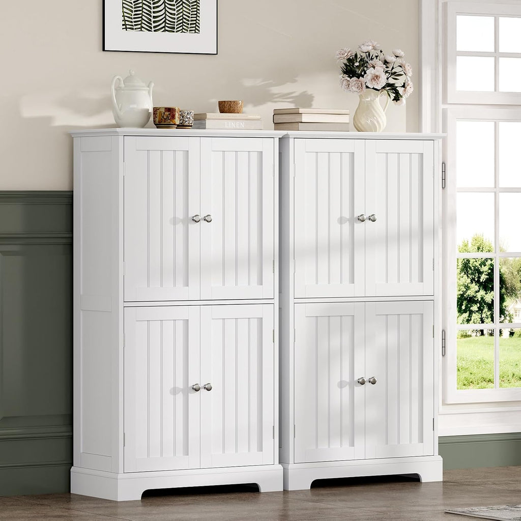 Bathroom Floor Cabinet with Adjustable Shelves | Bathroom Storage Cabinet, 4 Doors, Freestanding Cupboard , White