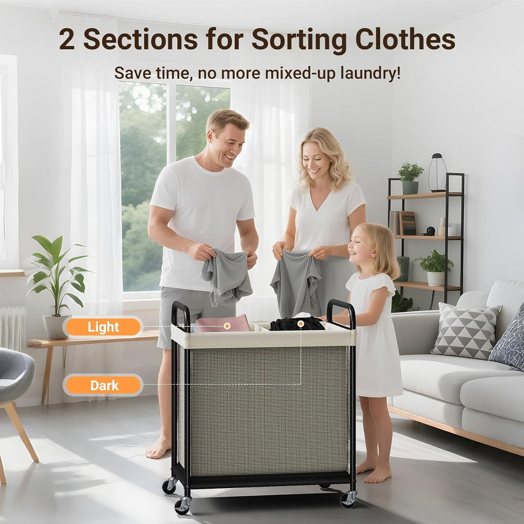 Laundry Hamper 2 Section, 100L Rolling Laundry Sorter with Wheels | Removable Washable Liner Bags, Sturdy Steel Frame