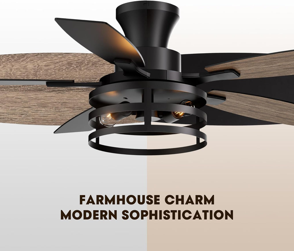 42 Inch Flush Mount Ceiling Fans with Lights and Remote Control, Farmhouse Ceiling Fan with LED Lighting