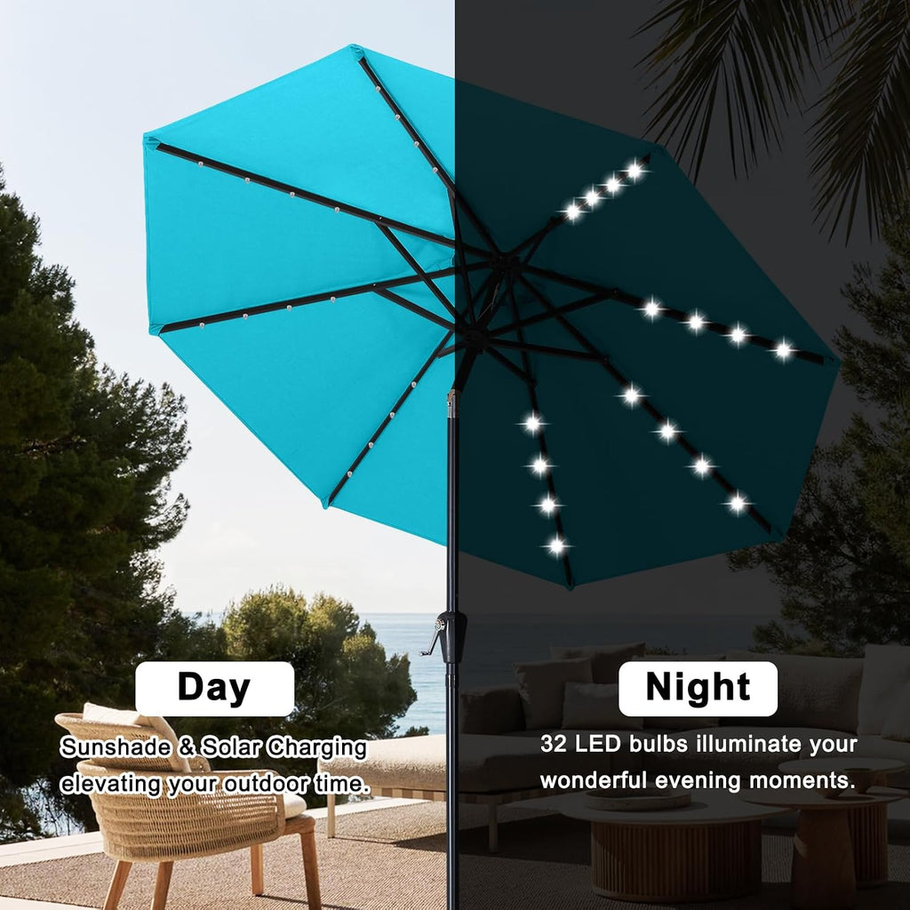 Durable Solar Led Patio Umbrellas with 32LED Lights 9FT (Turquoise)