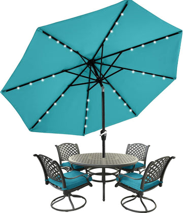 9FT 8Ribs Patio Umbrella with 32 Solar LED Lights, Outdoor Market Umbrella with Tilt & Crank