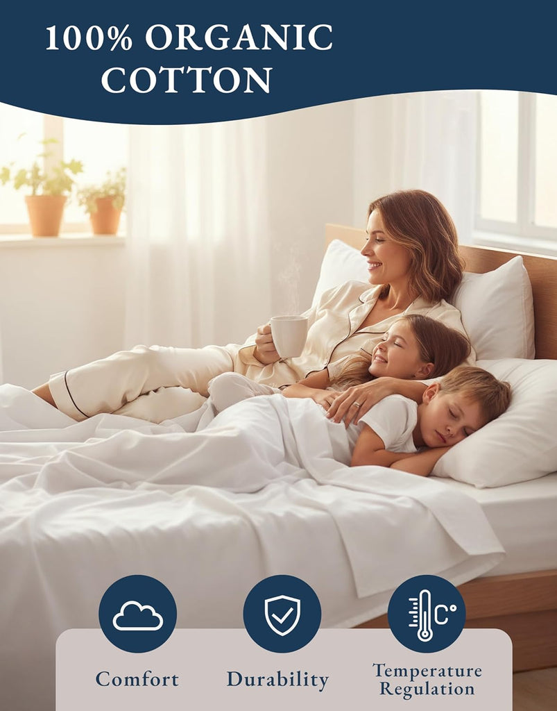 Sheets 100% Organic Cotton 4pc Percale Cooling - White | Sheet Set, GOTS Certified Organic Cotton Percale