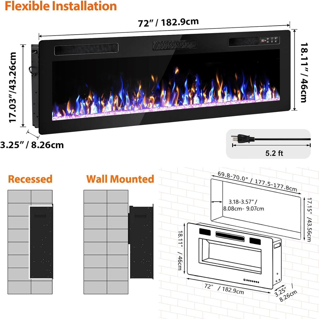 72 Inch Electric Fireplace, Ultra-Thin Fire Places Electric Fireplace Inserts Recessed and Wall Mounted with Remote