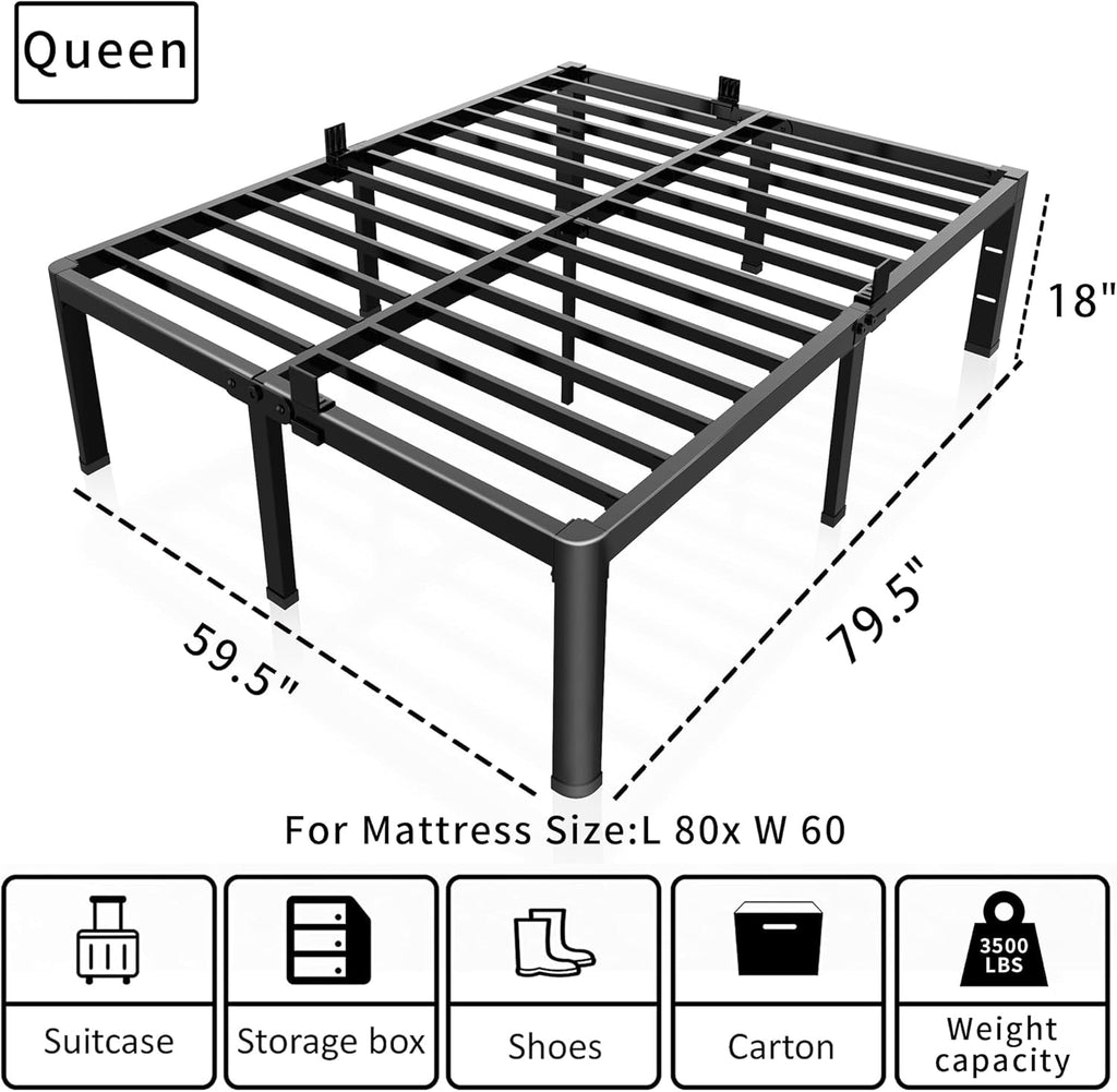 18 Inch Queen Bed Frame with Rounded Corner and Headboard Hole Mattress Retainers 3500LBS Metal Heavy Duty Steel Slats