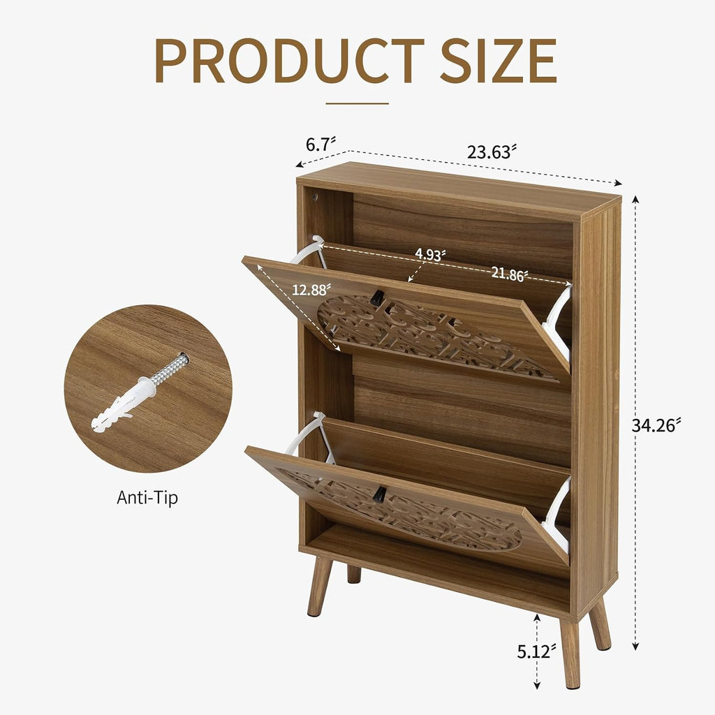 23.6" W Slim Shoe Cabinet with 2 Flip Drawers, Carved Floral Shoe Rack, Mid-Century Modern Free-Standing Heart-Shaped