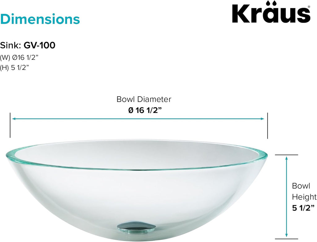Round Crystal Clear Glass Vessel Bathroom Sink, 16 1/2 inch GV-100