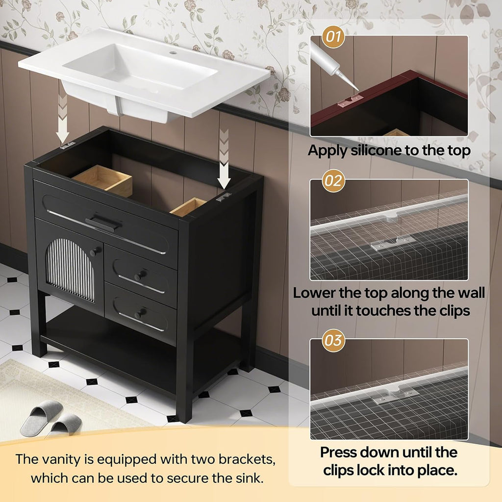 30" Black Freestanding Bathroom Vanity with Sink - Vanity Cabinet with Adjustable Feet