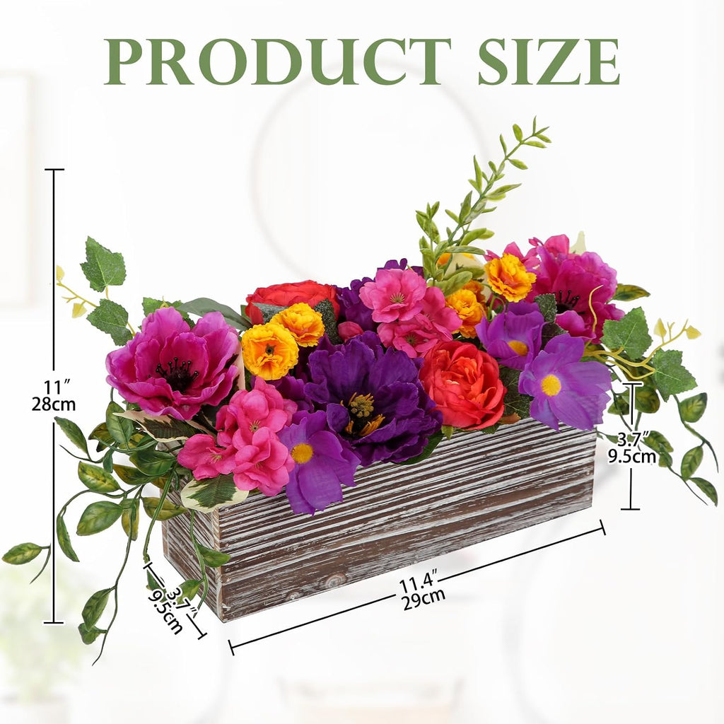Flower Arrangement with Wooden Vase 10" Artificial Flowers in Pot - Fake Flowers in White Rectangular Wooden Vase